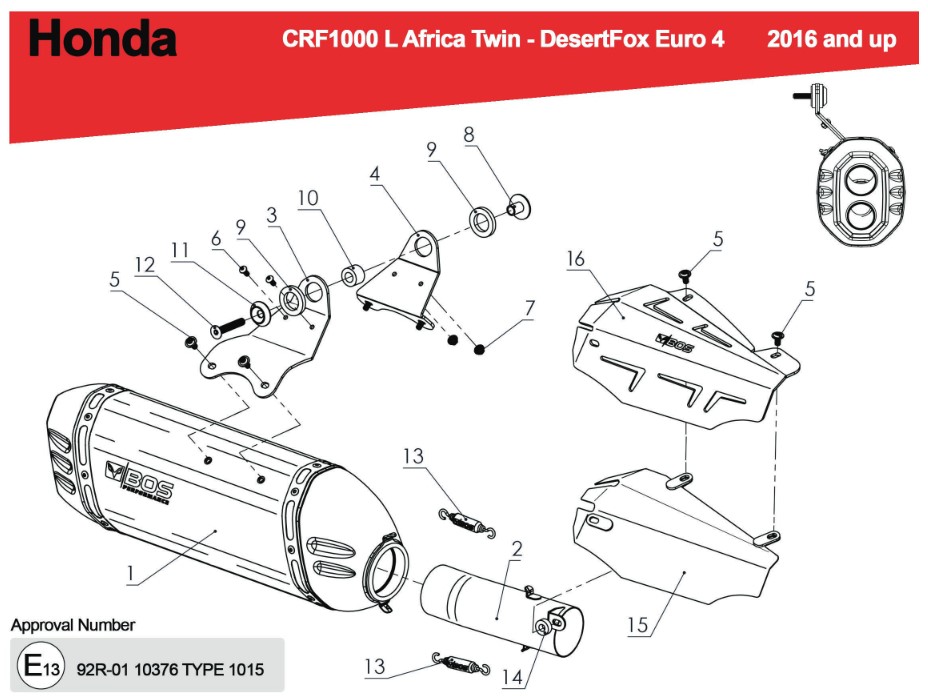 BOS Desert Fox Carbon Steel Einddemper met E-keur Honda CRF 1000 Africa Twin (SD04) 2015 > 2017