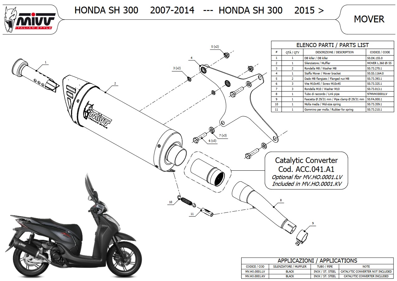 Mivv Mover RVS Black Slip-on Einddemper met E-keur Honda SH 300 2007 > 2020