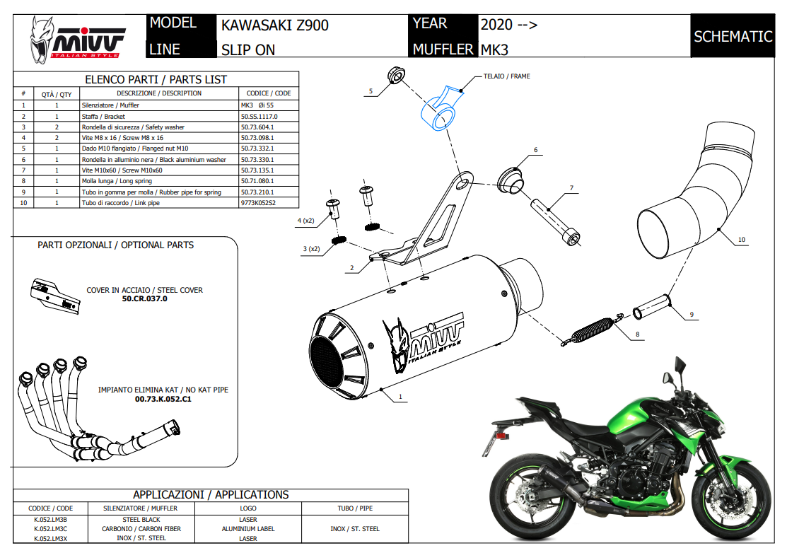 Mivv MK3 Carbon Einddemper met E-keur Kawasaki Z900 2020 > 2024