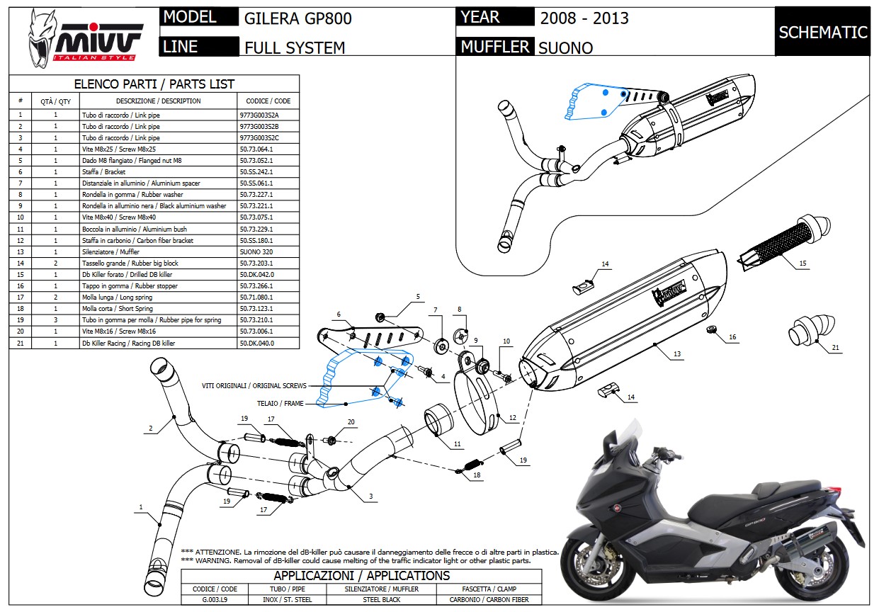 Mivv Suono RVS Black Volledig Uitlaatsysteem met E-keur Gilera GP800 2008 > 2013
