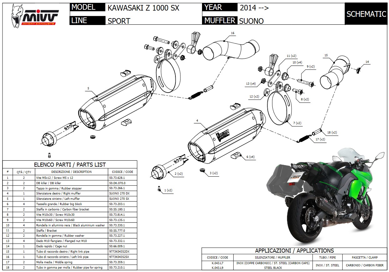 Mivv Suono RVS Black Dubbele Einddemper (L+R) met E-keur Kawasaki Z 1000 SX 2014 > 2019