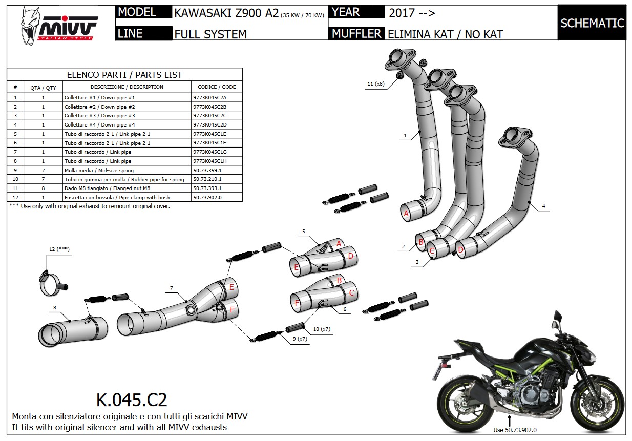 Mivv RVS Decat Voorbochten Kawasaki Z900 A2 (35 KW / 70 KW) 2017 > 2023