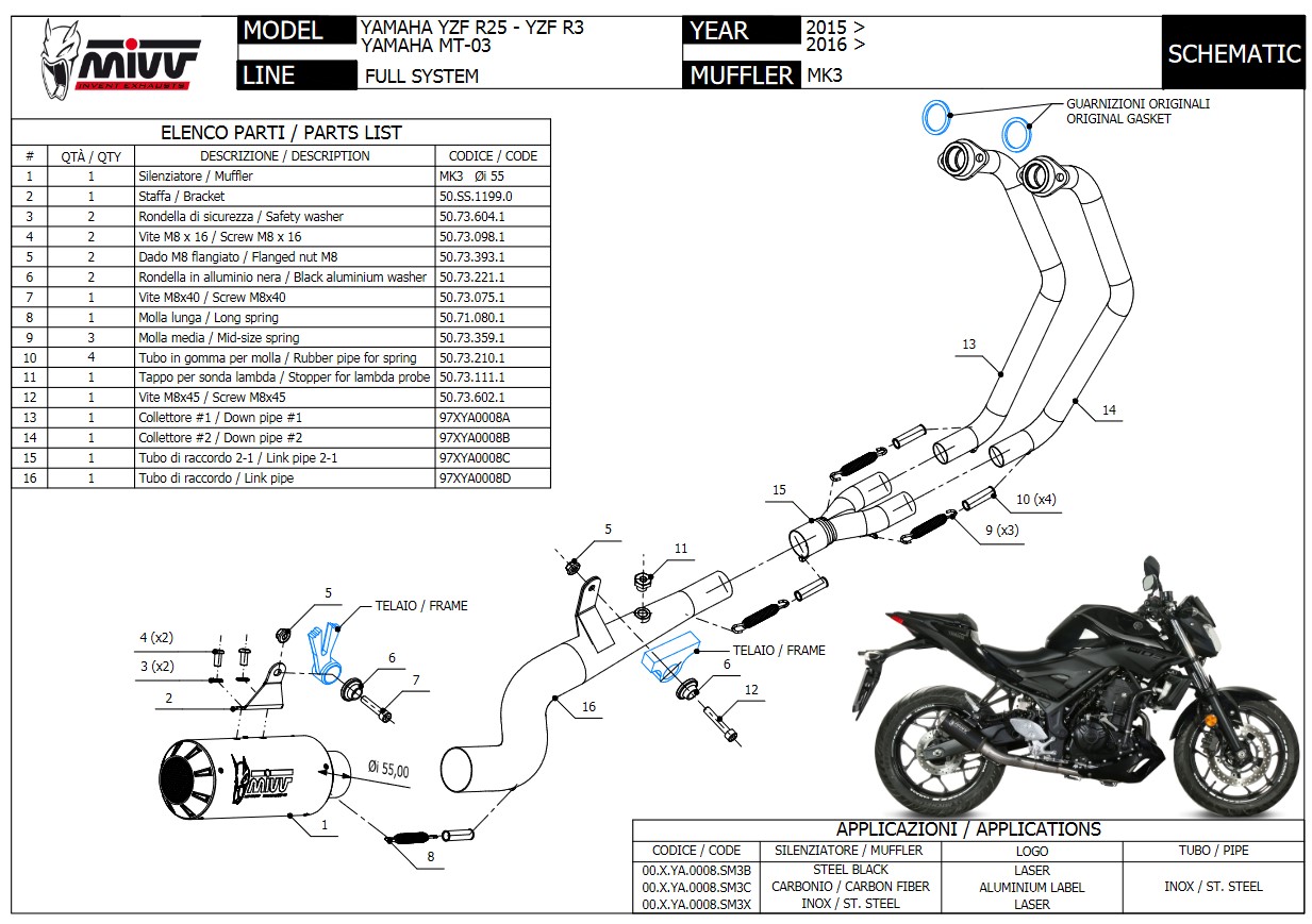 Mivv MK3 Carbon Compleet Uitlaatsysteem zonder E-keur Yamaha YZF-R25 2015 > 2024