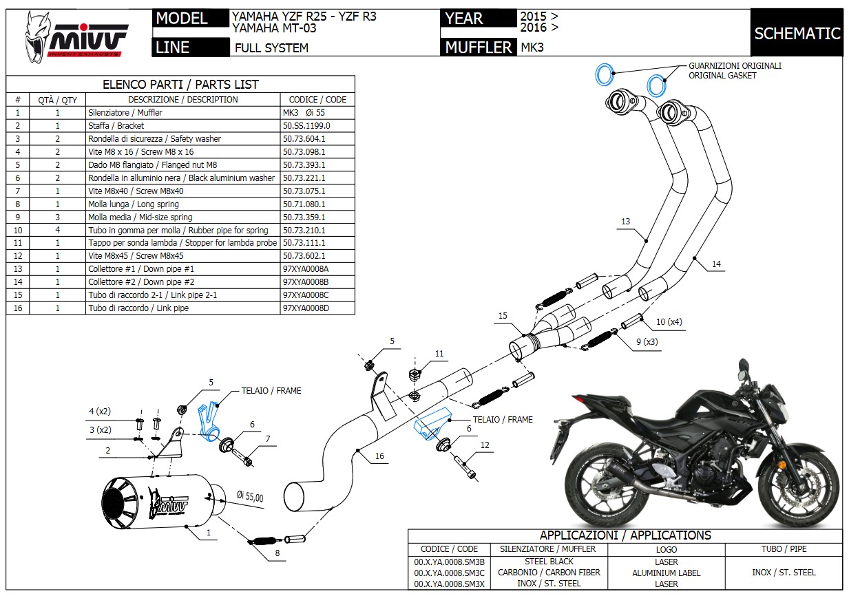 Mivv MK3 RVS Compleet Uitlaatsysteem zonder E-keur Yamaha YZF R25 2015 > 2024