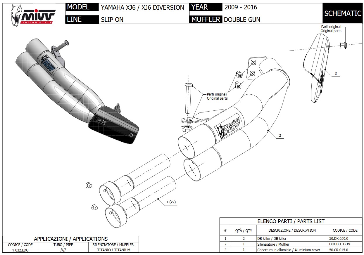 Mivv Double Gun Full Titanium Slip-on Double Exit Einddemper met E-keur Yamaha XJ6 / XJ6 Diversion 2009 > 2016
