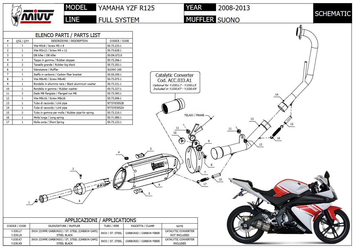 Mivv Suono RVS Black Compleet 1in1 Uitlaatsysteem met E-keur Yamaha YZF R125 2008 > 2013