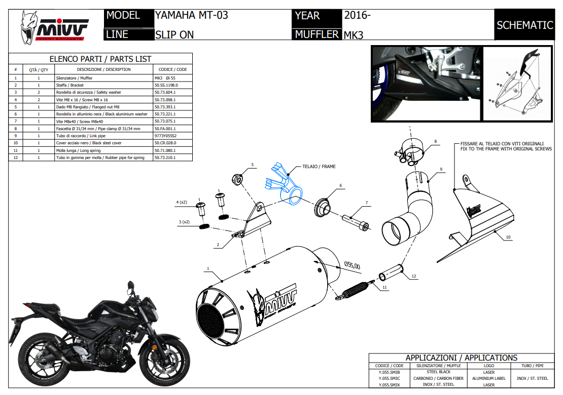 Mivv MK3 Carbon Einddemper zonder E-keur Yamaha MT-03 2016 > 2023