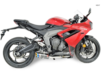 Black Widow Exhaust Volledig uitlaatsysteem met 200mm Carbon Blue Tip Einddemper zonder E-keur Triumph Daytona 660 2024 - 2026